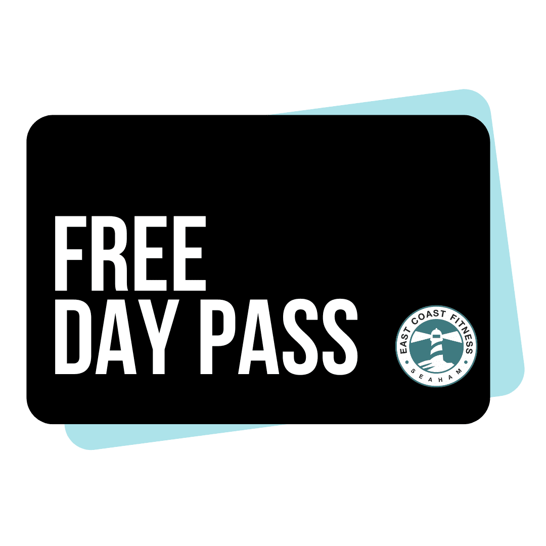 Graphic promoting a free day pass for East Coast Fitness.