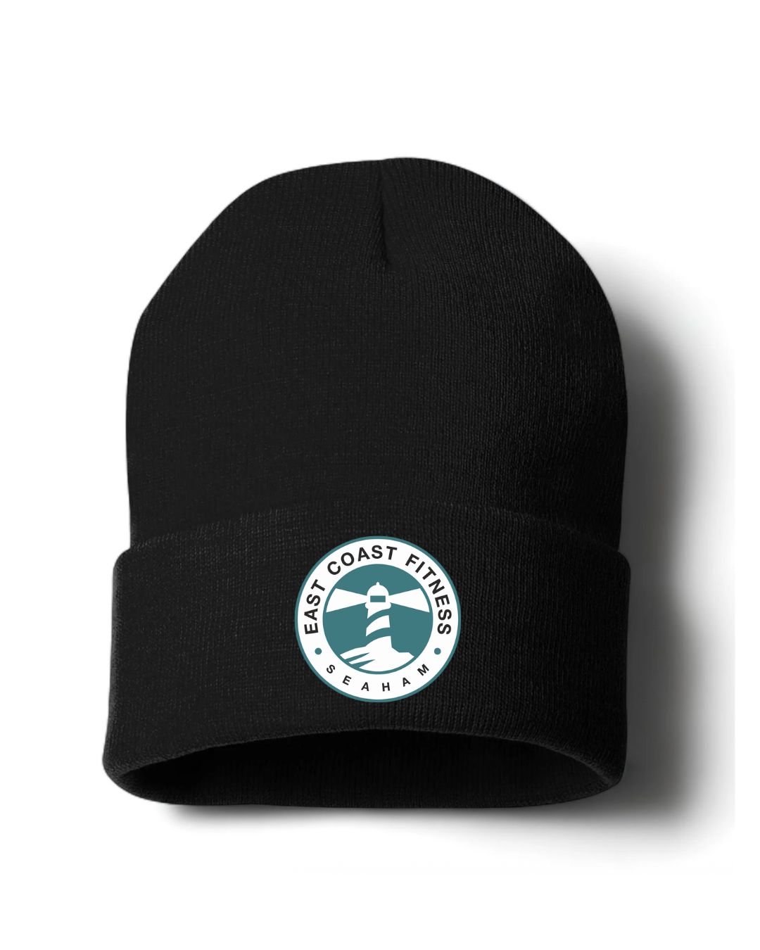 Black beanie hat with 'East Coast Fitness Seaham' logo.