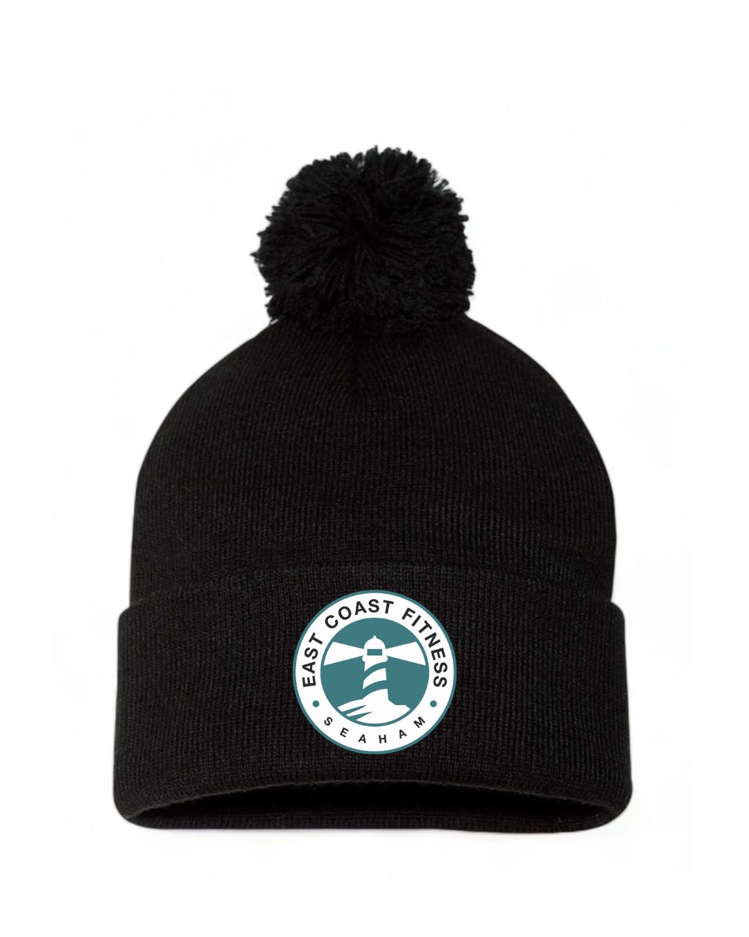 Black beanie hat with a pom-pom on top and an East Coast Fitness logo.