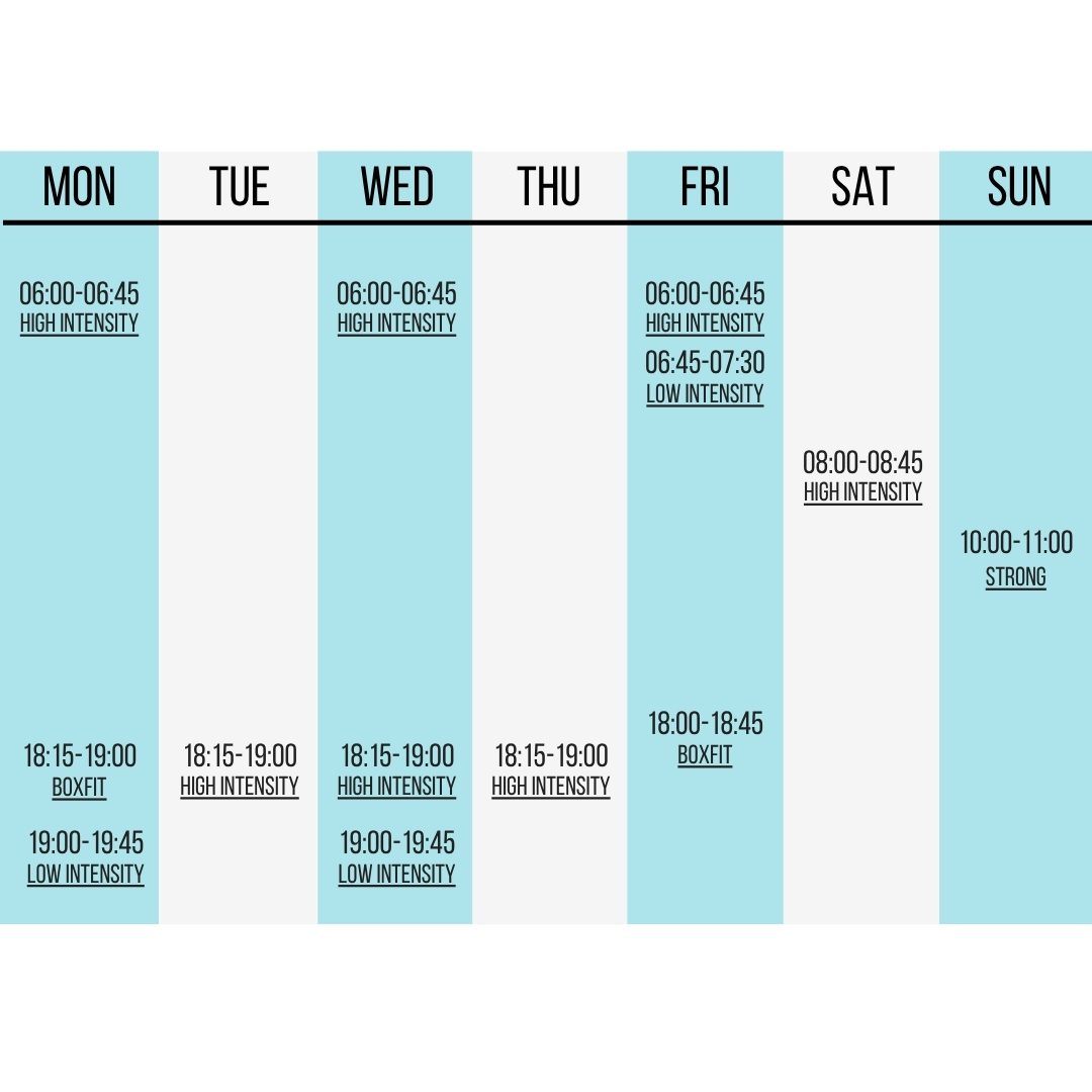 Weekly fitness class schedule with times and intensity levels from Monday to Sunday.
